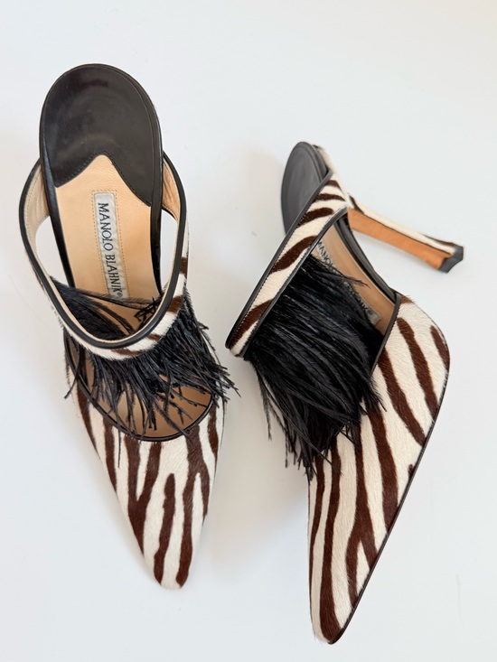 Manolo Blahnik Shoes - Manolo Blahnik Zebra Print Calf Hair Feather Fringe Pointed Toe Mule Heels EU 37
